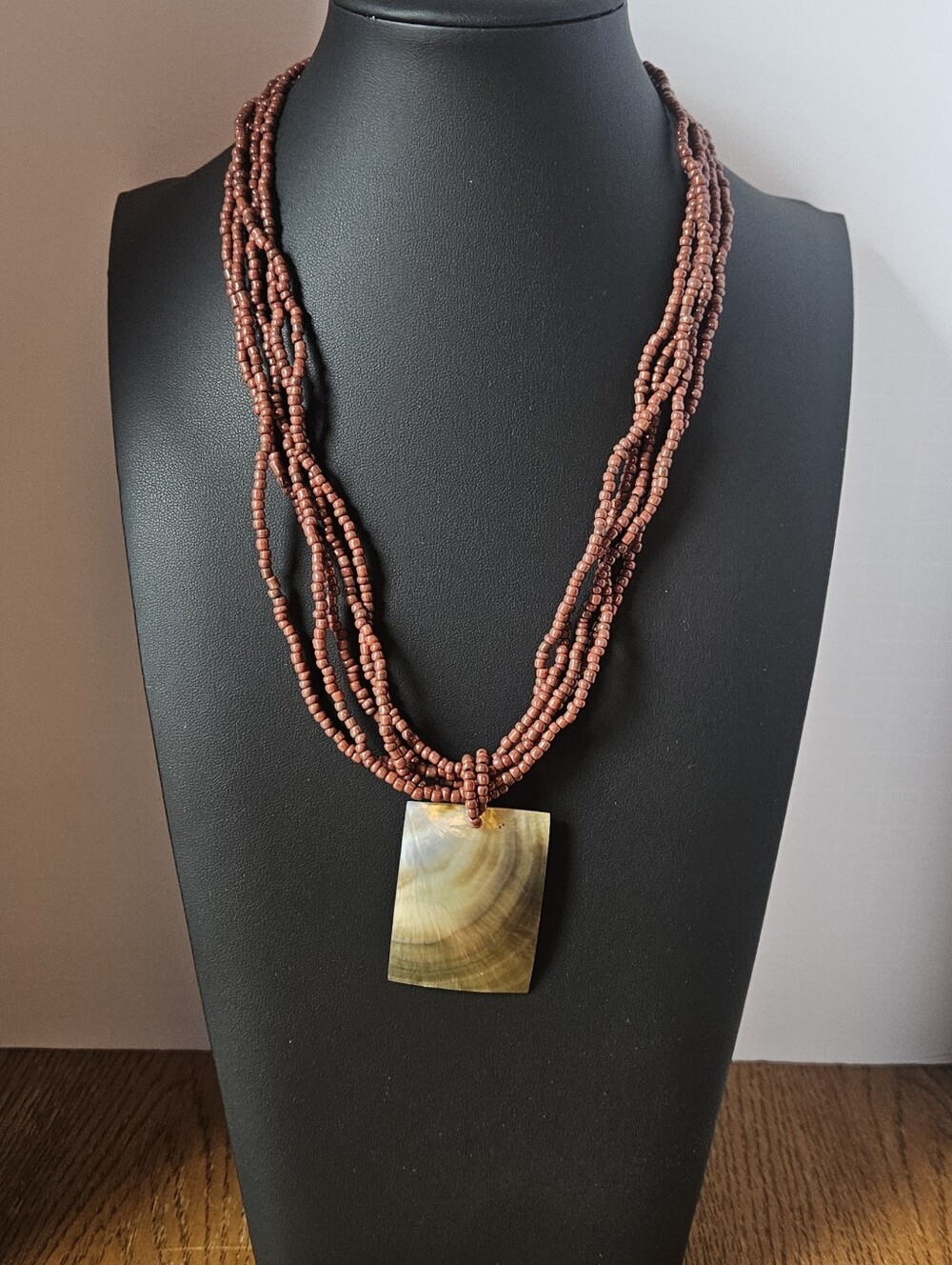 Multi Strand Necklace Mother Of Pearl Pendant Brown Seed Bead 11"